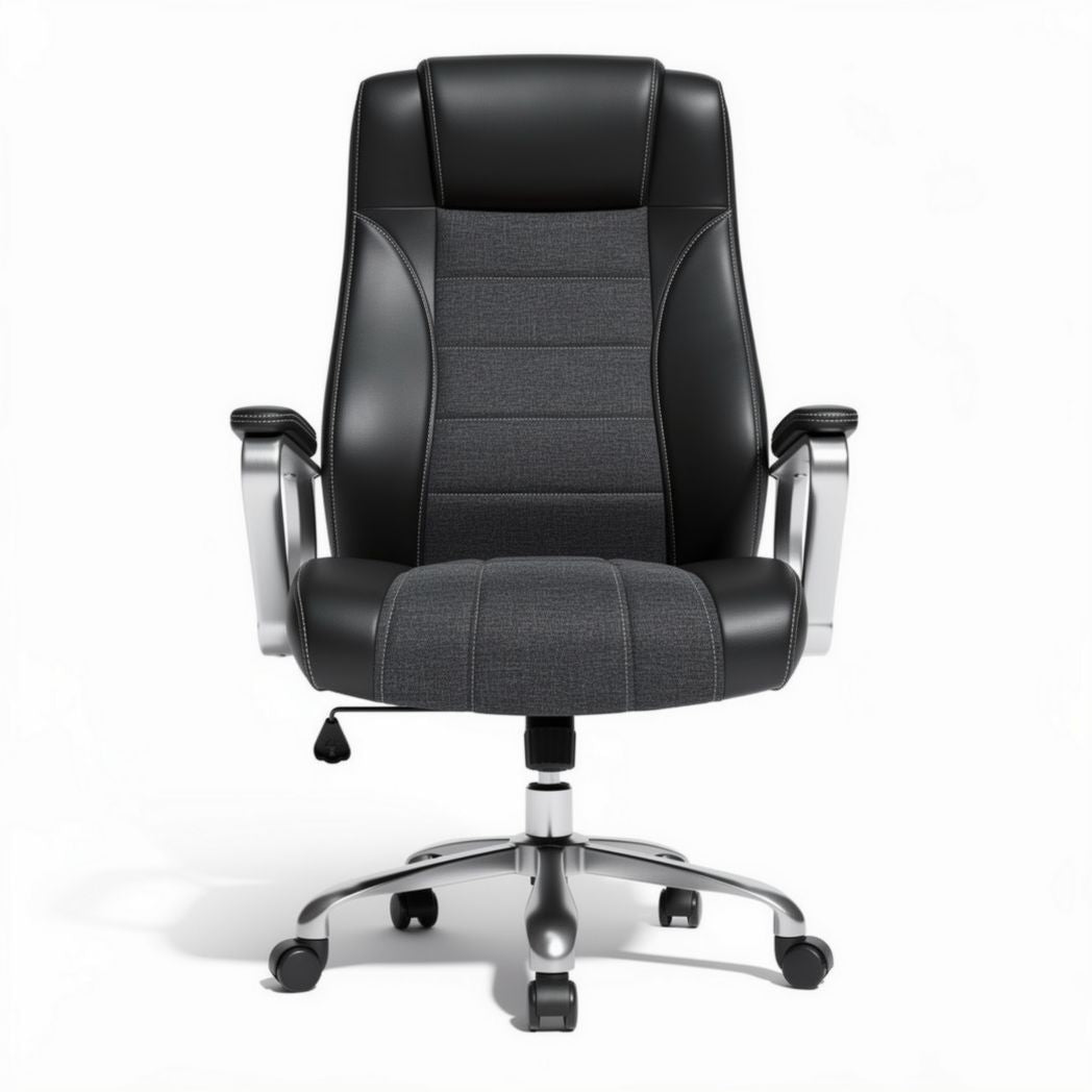 Chaise de bureau ergonomique en tissu gris et simili cuir noir dimensions 65 x 65 x 120cm