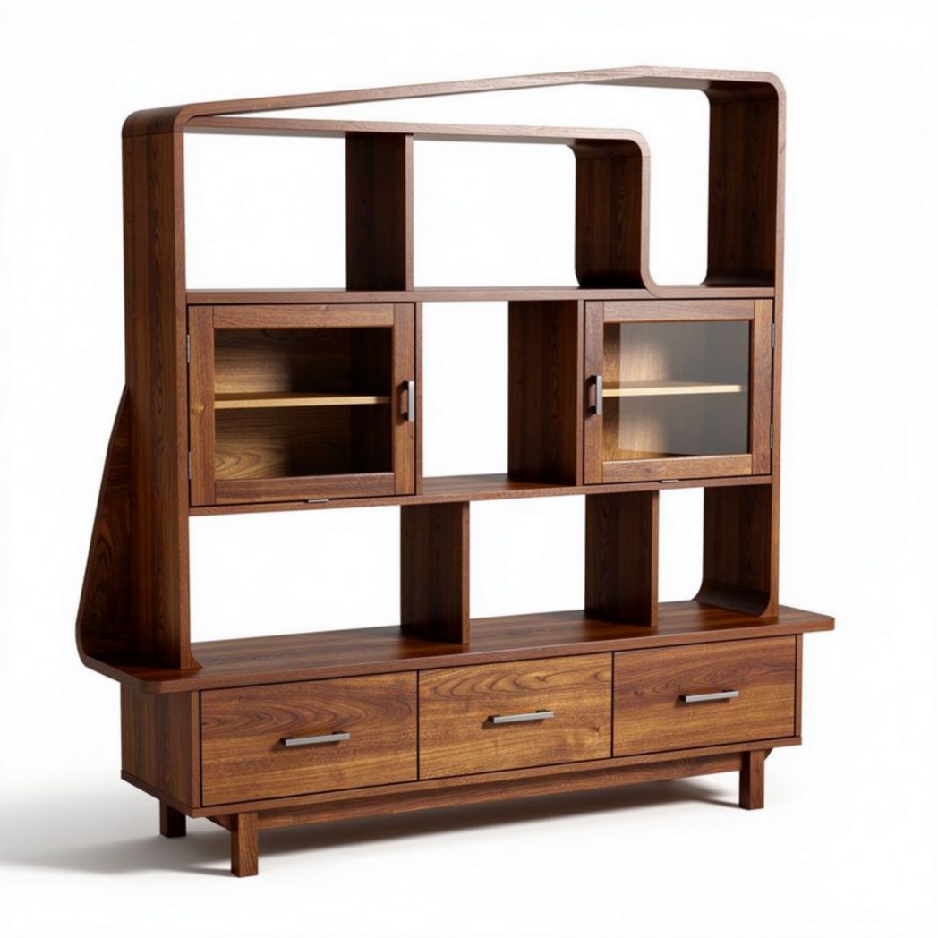 Meuble de rangement en bois foncé avec étagères et tiroirs 150 x 40 x 120cm