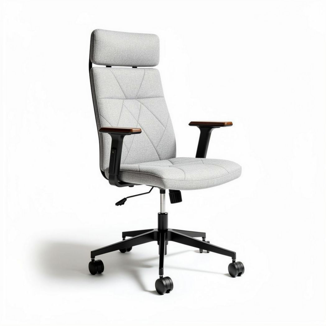 Chaise de bureau ergonomique en tissu gris avec accoudoirs en bois, dimensions 60 x 60 x 120cm