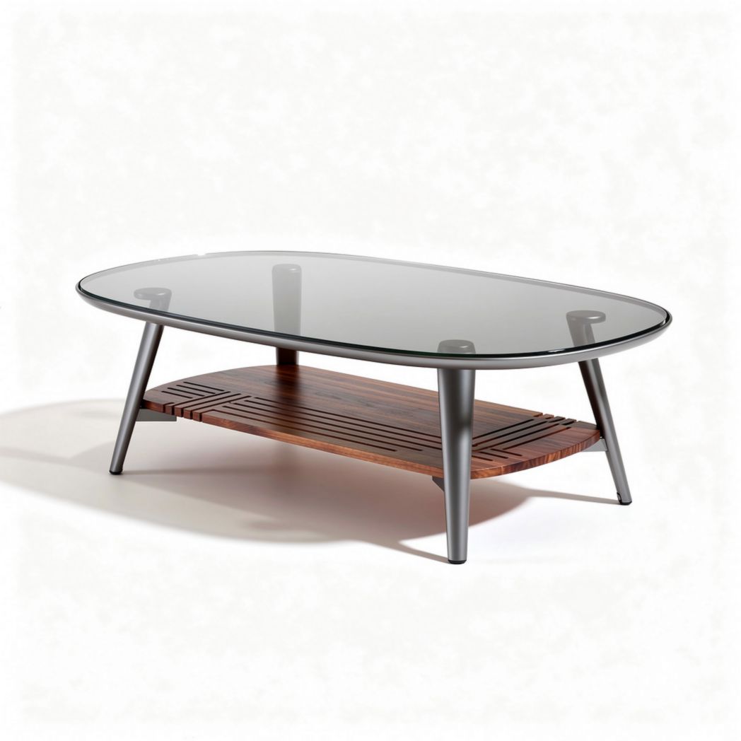 Table basse ovale en verre avec étagère en bois et structure métallique 120 x 60 x 45cm