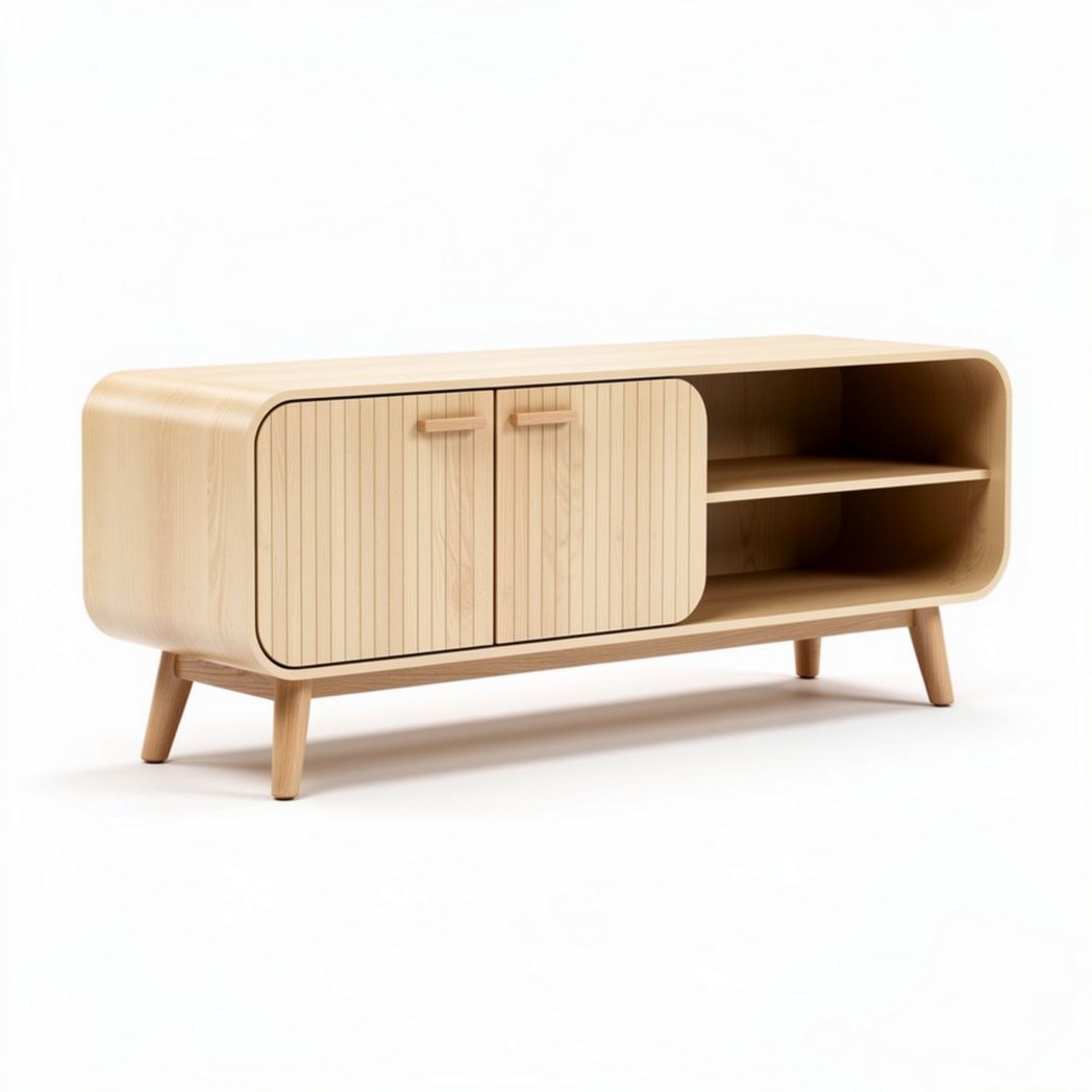 Meuble télévision en bois naturel de 120 x 40 x 45cm avec portes et étagères